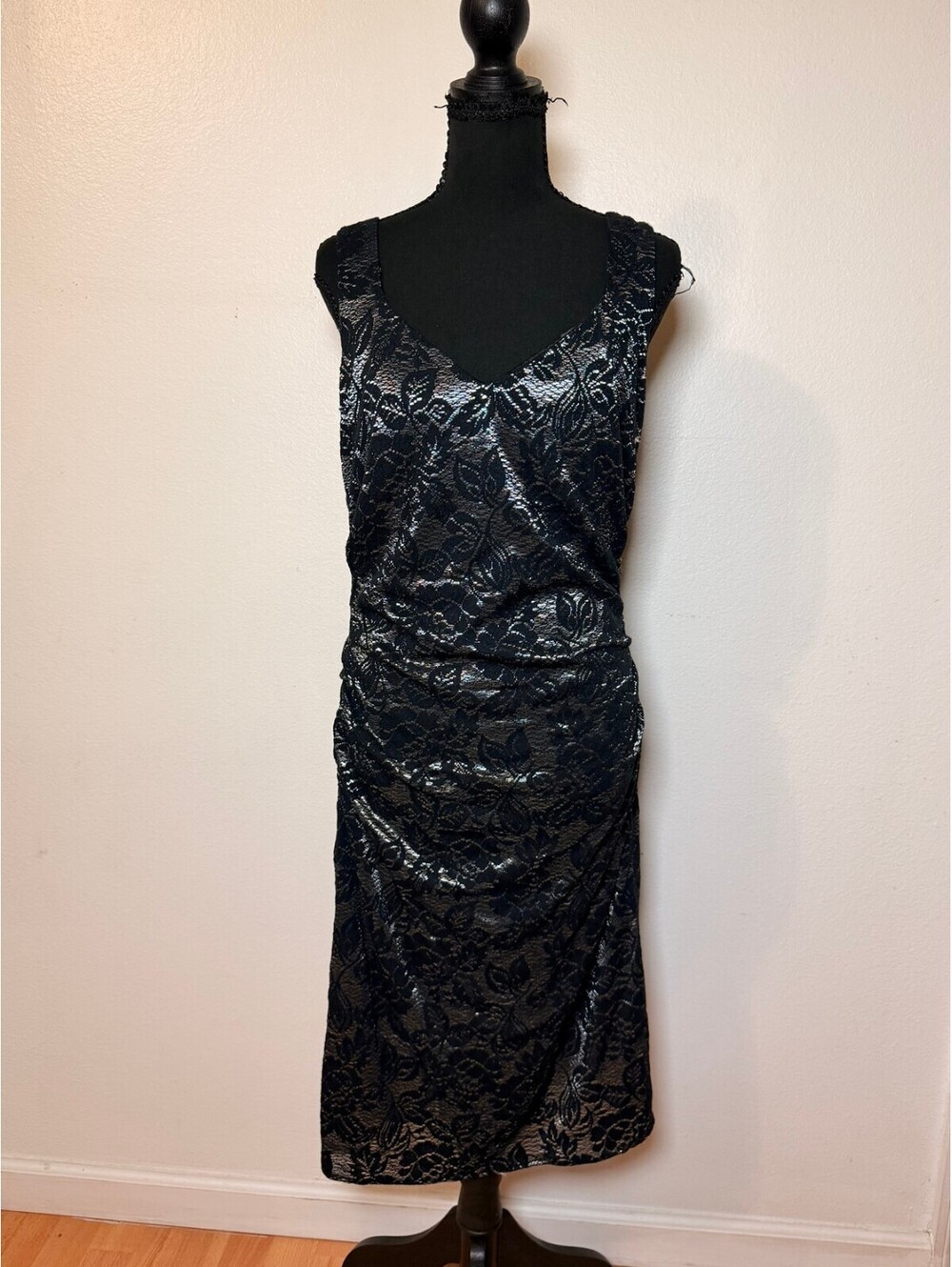 Laundry Shelli Segal Black Lace Dress 12 V Neck Ruched